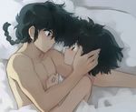  1girl afterglow bed bed_sheet black_hair blue_eyes blush braid brown_eyes couple cuddling eye_contact face hand_on_another's_cheek hand_on_another's_face hands hetero looking_at_another lying mimi_(ranma3049) naked_sheet on_side ranma_1/2 saotome_ranma short_hair single_braid tendou_akane under_covers 