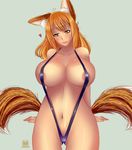  animal_ears belly_button breasts fox_ears fox_tail gunneko large_breasts multiple_tails navel sling_bikini smile swimsuit tail 