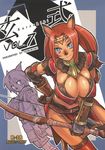  animal_ears armor bent_over blue_eyes bow_(weapon) breasts cat_ears cat_tail cleavage elbow_gloves final_fantasy final_fantasy_xi gloves hand_on_hip highres kurohiko large_breasts mithra multiple_girls ponytail red_hair slit_pupils smile tail weapon 