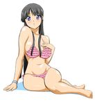  akiyama_mio barefoot bikini black_hair blue_eyes curvy frilled_bikini frills hokuto_(tokuho) k-on! long_hair navel pink_bikini side-tie_bikini sitting solo swimsuit wristband yokozuwari 