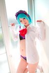  asian black_bra black_panties blue_hair bra cosplay demon_girl highres kurono_kurumu kuruno_kurumu kuruno_kurumu_(cosplay) lingerie navel open_clothes open_shirt panties photo real rosario+vampire shirt snow_flakes succubus thighs underwear white_kneehighs white_legwear 