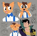  2queer2deer ambiguous_gender anthro black_hair bow_tie brown_hair dialogue domestic_cat drawfee_(copyright) drawtectives duo english_text eugene_finch felid feline felis felix_(drawtectives) fur hair hi_res human mammal orange_body orange_fur petting purring smile speech_bubble suspenders text 