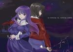  asagami_fujino azuma_ezu back-to-back bad_id bad_pixiv_id bangs blue_eyes blunt_bangs breasts brown_eyes engrish from_behind fur_collar jacket japanese_clothes kara_no_kyoukai kimono knife large_breasts long_hair multicolored multicolored_eyes multiple_girls pink_eyes purple_hair ranguage red_eyes red_jacket ryougi_shiki school_uniform short_hair 