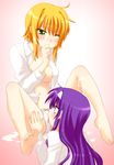  arisa_bannings barefoot cream cunnilingus feet licking lyrical_nanoha mahou_shoujo_lyrical_nanoha multiple_girls open_clothes open_shirt oral panties panty_licking saki_chisuzu shirt tsukimura_suzuka underwear yuri 