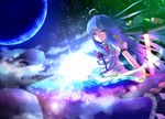  ahoge blue_hair boulder full_moon hat hat_removed headwear_removed hinanawi_tenshi lens_flare light long_hair moon red_eyes ryosios shirt sitting_on_rock skirt sky smile solo space star_(sky) starry_sky sun sword sword_of_hisou touhou weapon 