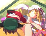  animal_ears blonde_hair brown_hair cat_ears cat_tail chen fox_tail hakomugi hat lying multiple_girls multiple_tails on_person sleeping tail touhou yakumo_ran yakumo_yukari 