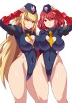  2girls alternate_costume bangs black_clothes blonde_hair breasts cleavage cleavage_cutout cosplay curvy earrings empty_eyes eyes_visible_through_hair fingerless_gloves frown gloves gluteal_fold heart_cutout highres hikari_(xenoblade_2) homura_(xenoblade_2) jewelry konno_tohiro large_breasts leotard long_hair looking_at_viewer multiple_girls necktie nintendo pose red_eyes red_hair salute shadaloo_dolls shiny shiny_clothes shiny_hair shiny_skin short_hair smile street_fighter swept_bangs tareme thighs tsurime very_long_hair xenoblade_(series) xenoblade_2 yellow_eyes 