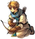  bow_(weapon) brown_eyes brown_hair gensou_suikoden gensou_suikoden_i gloves kneeling male_focus pants scarf shoes solo ted_(suikoden) weapon yukinell 