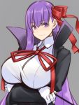  1girl bangs bb_(fate)_(all) bb_(fate/extra_ccc) black_coat blush breasts closed_mouth coat crossed_arms fate/extra fate/extra_ccc fate_(series) gloves grey_background hair_between_eyes hair_ribbon hayama_kazusa high_collar highres huge_breasts large_breasts long_hair long_sleeves looking_at_viewer neck_ribbon open_clothes open_coat popped_collar purple_eyes purple_hair red_ribbon ribbon simple_background smile solo upper_body very_long_hair wand white_gloves 
