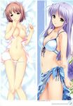  2girls absurdres arms_behind_back bikini blush body_blush brown_eyes brown_hair cleavage dakimakura feena_fam_earthlight front-tie_top green_eyes hand_to_mouth high_res koutaro long_hair lying mizugi mound_of_venus multiple_girls navel nijiiro_zakura nipples on_back oppai original pantsu panty_pull purple_hair sarong side-tie_panties smile yoake_mae_yori_ruri_iro_na 