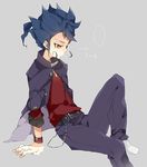  bad_id bad_pixiv_id blue_hair bracelet cloak inazuma_eleven_(series) inazuma_eleven_go jewelry konno_seara male_focus pants solo spiked_bracelet spikes tsurugi_kyousuke yellow_eyes 