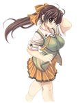  arm_up breasts brown_hair copyright_request green_eyes hair_ribbon hand_behind_head large_breasts long_hair orange_skirt pleated_skirt ponytail ribbon simple_background skirt smile solo white_background xration 