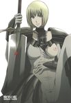  armor blonde_hair breast_slip breasts clare_(claymore) claymore claymore_(sword) cover doujinshi highres kitahara_aki large_breasts nipples one_breast_out scratches solo sword torn_clothes weapon 