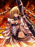  armor blonde_hair bow_(weapon) breasts fingerless_gloves gloves hair_ornament highres i-la long_hair medium_breasts sangokushi_taisen shuuki solo weapon yellow_eyes 