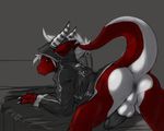  anthro anus balls bed claws compression_artifacts dragon hoodie horn male narse penis razr razr_(character) red_dragon solo stripes 