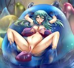  arms_up birthing blush breast_sucking breasts green_eyes green_hair hair_ornament kochiya_sanae large_breasts long_hair monikano nude open_mouth pregnant restrained saliva slime solo spread_legs tears touhou vagina 