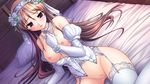  aiyoku_no_eustia bed bekkankou blush breasts brown_hair censored eris_floralia game_cg garter_belt necklace nipples pussy stockings 