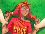  blue_eyes blush cccp grass red_hair t-shirt twin_tails ussr ussr-tan 