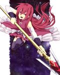  alternate_hairstyle bare_shoulders black_legwear cuts hair_down highres injury long_hair magical_girl mahou_shoujo_madoka_magica n_i_n_o pleated_skirt polearm red_eyes red_hair sakura_kyouko skirt solo spear thighhighs weapon zettai_ryouiki 