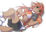  bracelet canine class_of_heroes clothing dwarf dwarf_(coh) female green_eyes hair jewelry looking_at_viewer lying mammal noah_(artist) on_back orange_hair plain_background shorts solo white_background 