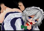  ass ass_grab bakko bent_over black_bra blue_eyes blush bow bra braid chain collar doggystyle gag gagged hair_bow izayoi_sakuya lace lace_bra leash lingerie maid maid_headdress no_panties saliva sex short_hair silver_hair solo_focus tears thighhighs touhou twin_braids underwear 