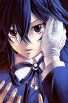  androgynous black_hair brooch brown_eyes close-up colorized face fingernails gloves hand_on_another's_cheek hand_on_another's_face jewelry leo_(pandora_hearts) male_focus numina out_of_frame pandora_hearts pov pov_hands solo_focus spoilers tears 