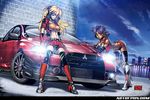  arched_back arm_support belt bent_over blonde_hair blue_hair boots breasts car city_lights cloud company_connection crop_top dark_skin elbow_gloves fingerless_gloves fushigi_no_umi_no_nadia gainax gloves ground_vehicle headlights high_heels knee_boots large_breasts leaning long_hair md5_mismatch midriff mitsubishi_lancer_evolution mitsubishi_motors motor_vehicle multiple_girls nadia navel neon_genesis_evangelion night night_sky peter_huu_nguyen popped_collar reflection resized shirt shoes short_hair shorts sky souryuu_asuka_langley star_(sky) starry_sky taut_clothes taut_shirt thighhighs upscaled water zettai_ryouiki 