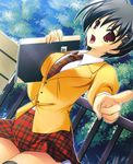  black_hair book misakura_nankotsu notebook open_mouth plaid plaid_skirt plaid_tie pointing red_eyes school_uniform thighhighs 