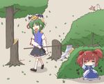  3girls bad_anatomy blood bush chibi commentary_request cutting green_hair hair_ornament hat hiding kurokoori laughing leaf multiple_girls mystia_lorelei onozuka_komachi red_hair scared scythe severed_hand shiki_eiki short_hair touhou tree trembling two_side_up writing yandere 