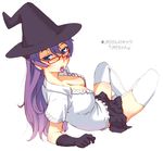  blue_eyes breasts cleavage glasses gloves hat large_breasts long_hair oono_tsutomu original purple_hair skirt solo thighhighs tongue witch_hat zettai_ryouiki 