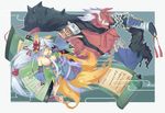  blue_skin breasts chain club demon detached_sleeves fan fang flaiflai fox_tail kemonomimi kimono kitsunemimi large_breasts long_hair multiple_tails oppai red_skin scroll talisman wafuku white_hair yellow_eyes 