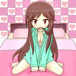  a_channel bad_id bad_pixiv_id barefoot bed bedroom black_eyes black_hair blanket bottomless breasts cleavage collarbone feilumines heart indoors long_hair medium_breasts mouth_hold nishi_yuuko open_clothes open_shirt pillow shirt sleeves_past_wrists solo tsurime 