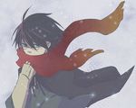  ahoge black_hair blue_eyes glasses hakama haori itoshiki_nozomu japanese_clothes kimono male_focus sayonara_zetsubou_sensei scarf snow solo topeko wind 