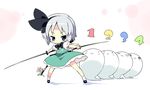  :3 blue_eyes chibi clone closed_eyes dual_wielding eyelashes gameplay_mechanics ghost hairband holding katana konpaku_youmu konpaku_youmu_(ghost) mary_janes multiple_persona number o_o petenshi_(dr._vermilion) scabbard sheath shoes silver_hair skirt standing sword tassel ten_desires touhou weapon white_hair |_| 
