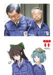  2girls head_down highres jacket kawashiro_nitori multiple_boys multiple_girls parody reiuji_utsuho tepco touhou 