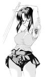  armpit_hair armpits arms_up breasts glasses highres monochrome panties shirt skirt smell sweat sword ttt underwear weapon 