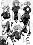  1girl ass back_cutout bent_over blush breast_hold breasts chiba_toshirou china_dress chinese_clothes comic copyright_request crossed_legs double_bun dress from_behind glasses greyscale high_heels highres large_breasts legs looking_back monochrome non-web_source shoes sitting sweat 