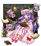  bangs blunt_bangs book chibi dress full_body hat holding holding_book indoors lantern library long_hair long_sleeves michii_yuuki mob_cap multiple_persona open_book patchouli_knowledge pink_dress purple_hair reading striped touhou vertical_stripes very_long_hair voile 