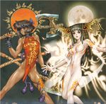  2girls axe breasts dark_skin hellhound long_hair moon multiple_girls muscle nipples shirou_masamune shirow_masamune short_hair sun sword tattoo tattoos weapon 