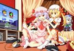  :d ascot bat_wings bed blonde_hair blue_hair bow bowl bowser braid canopy_bed character_doll chips controller cup dress finger_in_mouth flandre_scarlet food game_console game_controller grin hair_bow hat hat_ribbon izayoi_sakuya maid mario_(series) mario_kart mouth_pull multiple_girls nintendo_64 no_shoes open_mouth pillow playing_games remilia_scarlet ribbon ruu_(tksymkw) siblings side_ponytail silver_hair sisters sitting skirt skirt_set smile socks spilling super_mario_bros. teacup television touhou truth twin_braids v-shaped_eyebrows wings yoshi 