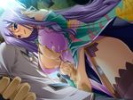  blue_eyes censored ejaculation koihime_musou long_hair pantsu purple_hair tekoki 