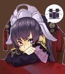  92m arm_rest blush chinese_clothes commentary_request crossed_arms crown gold_trim long_hair purple_eyes purple_hair sangokushi_taisen solo speech_bubble tears touhaku translation_request 