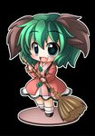  animal_ears bamboo_broom blush broom dog_ears fang green_eyes green_hair kasodani_kyouko shinjitsu simple_background smile solo touhou 