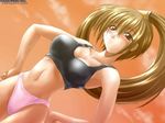  black_bra blush bra breasts brown_eyes brown_hair cleavage guilty_gear hands_on_hips kagehara_hanzou kuradoberi_jam large_breasts lingerie long_hair midriff panties pink_panties smile solo sports_bra underwear underwear_only watermark 