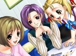  3girls blonde brown_hair casual_romance_club green_eyes houkago_ren-ai_club joy_ride pen photos purple_eyes purple_hair 