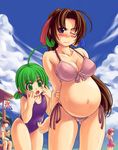  bathing_suit beach belly belly_button blush brown_hair flat_chest green_eyes green_hair loli navel open_eyes open_mouth photoshop pregnant shocked stomach sweat tagme wink xration 