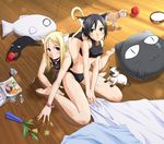  2girls bell bikini black_bikini black_hair blonde bowl brown_eyes cat cat_tail cats collar curvaceous cute floor flower flowers green_eyes kitty kneeling long_hair magazine milk mizugi monster_girl nekomimi on_floor on_knees pillows sheets short_hair string tagme tail vase water wide_hips yarn 