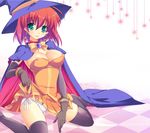  alice_wishheart areolae bad_id bad_pixiv_id black_legwear bow breasts cape choker cleavage earrings elbow_gloves gloves green_eyes hat hinata_momo jewelry magical_halloween medium_breasts orange_skirt panties red_hair side-tie_panties sitting skirt smile star star_earrings thighhighs underwear witch_hat yellow_bow 