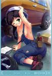  absurdres blush braid breasts car copyright_request glasses ground_vehicle highres motor_vehicle naked_overalls nipples no_bra overalls small_breasts solo tire toolbox torn_clothes tougarashi_hideyu wrench 