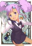  alternate_costume bad_id bad_pixiv_id blue_background border bow brown_border card card_(medium) card_background facial_mark forehead_mark gem gloves happy holding holding_card long_hair meredy miton_(ton321) outside_border purple_eyes purple_hair sidelocks skirt solo tales_of_(series) tales_of_eternia twintails white_gloves 